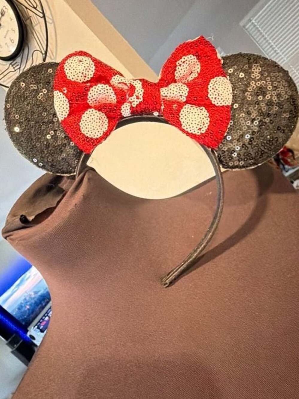 Disney Minnie Mouse Ears Black Sequins Red Polka Dot Bow